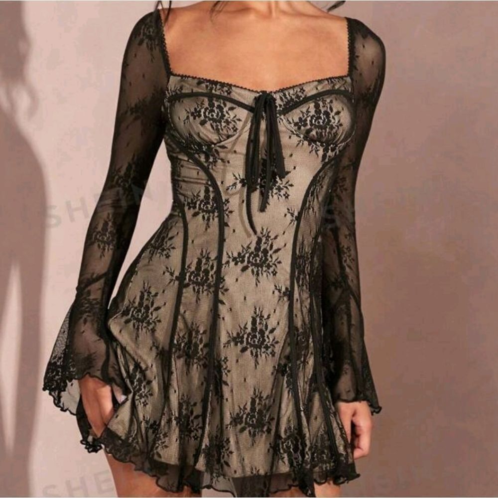 SHEIN Black Lace Panel Ruffled Hem Mini Dress NWT